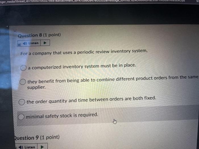 Question 10 (1 point) 9 Listen Pipeline inventory