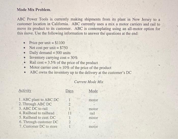 Mode Mix Problem. ABC Power Tools is currently