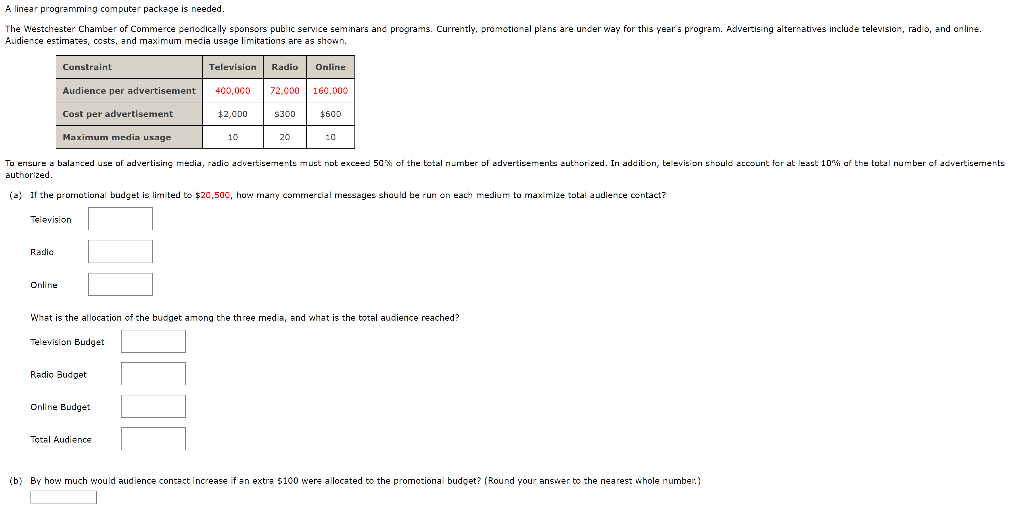 A linear programming computer package is needed.