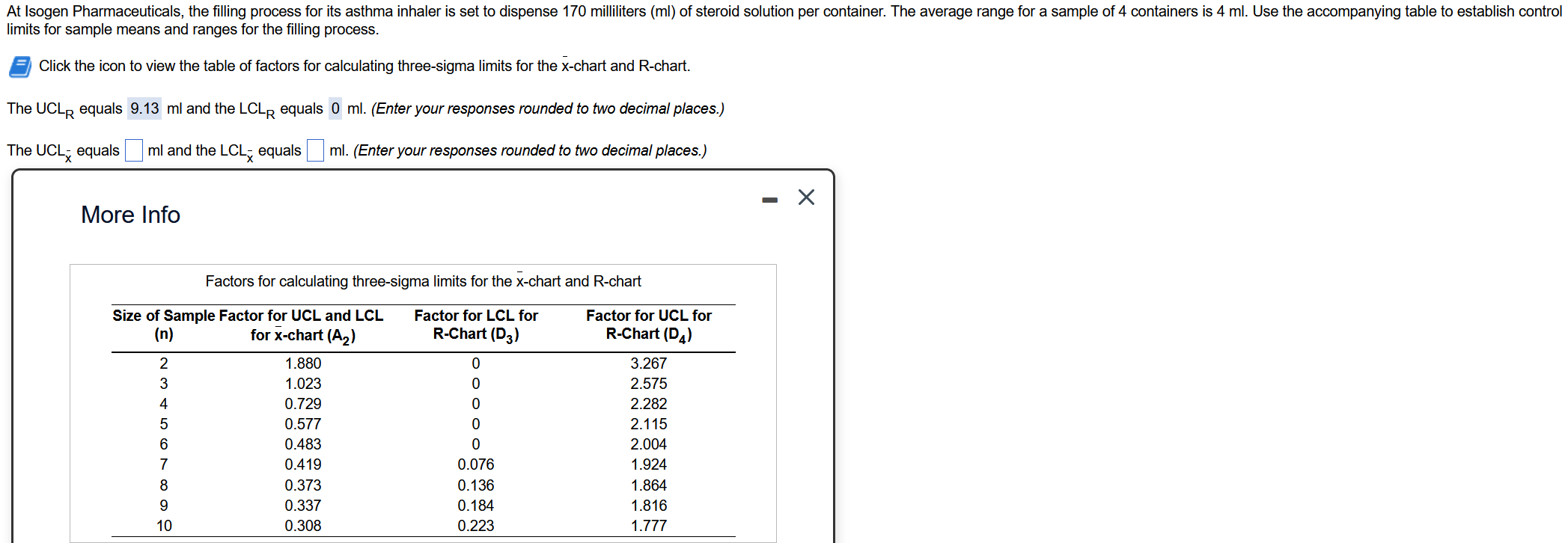 mits for sample means and ranges for the filling