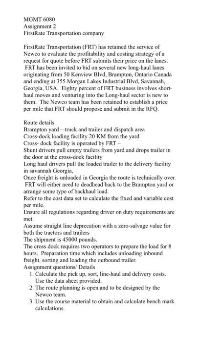 MGMT 6080 Assignment 2 FirstRate Transportation