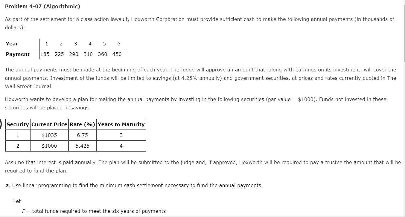 Problem 4-07 (Algorithmic) As part of the