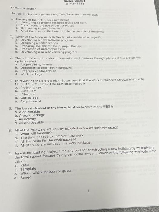 BA320 Exam 1 Winter 2022 Name and Section
