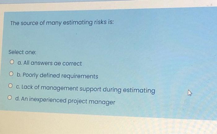 The source of many estimating risks is: Select
