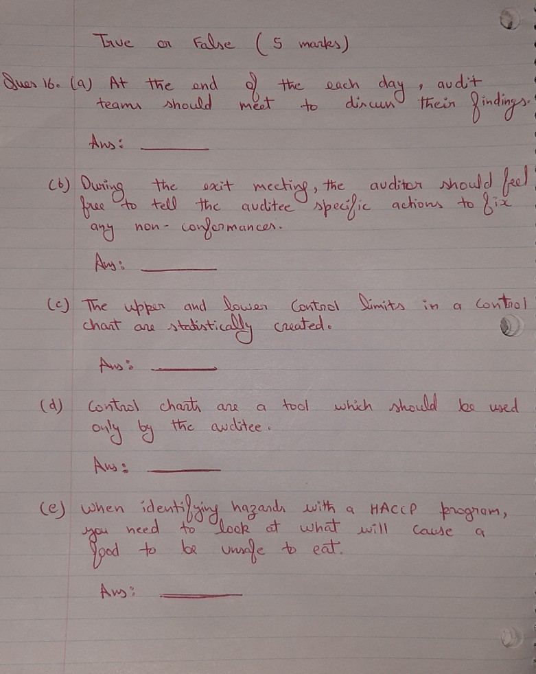 Tive each audt 9 teams to False (5 marks) Ques