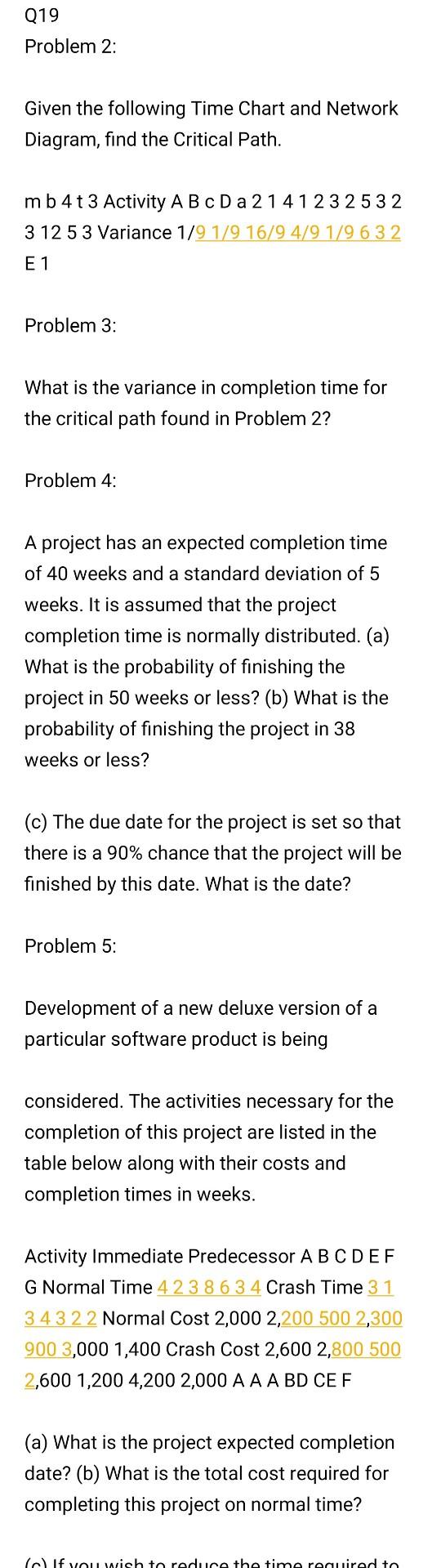 toh Q19 Problem 2: Given the following Time Chart