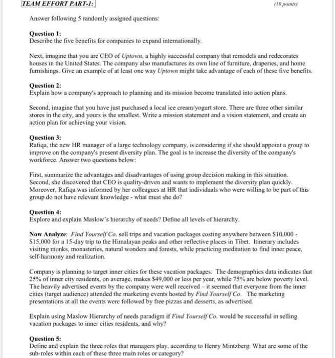 TEAM EFFORT PART-1: (10 points) Answer following