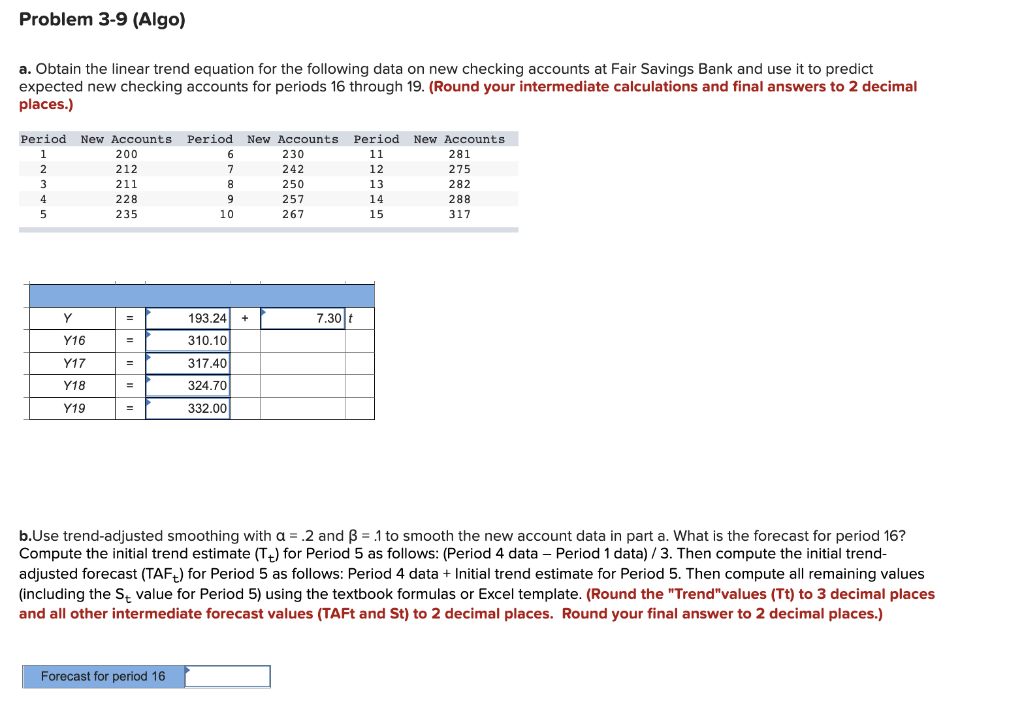Problem 3-9 (Algo) a. Obtain the linear trend