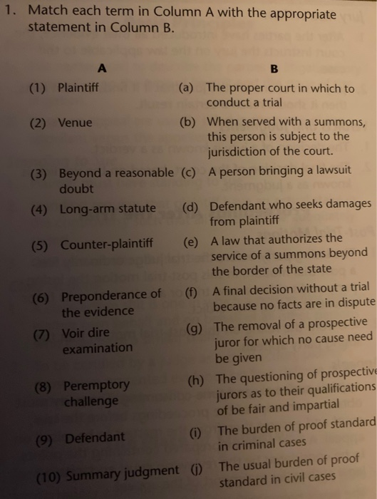 1. Match each term in Column A with the