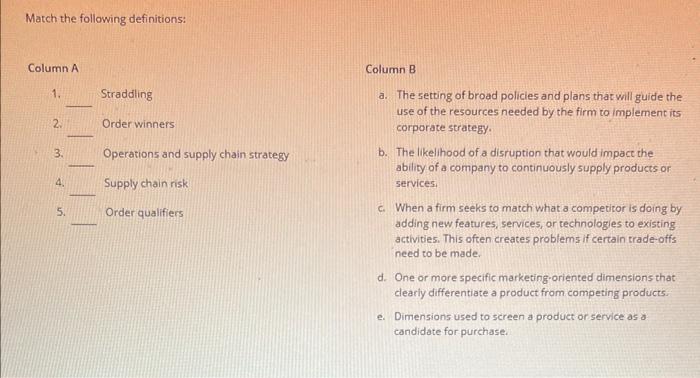 Match the following definitions: Column A Column