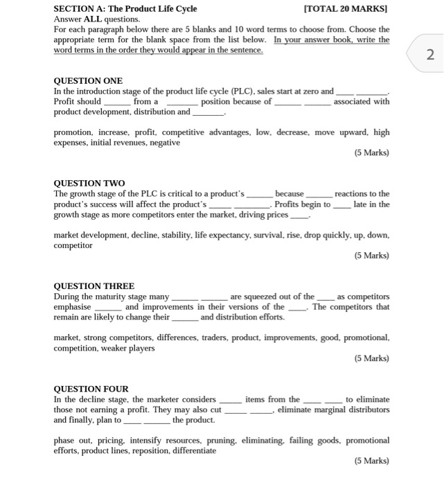 SECTION A: The Product Life Cycle (TOTAL 20