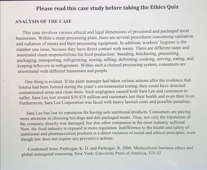 read sara lee case first Based on the textbook's