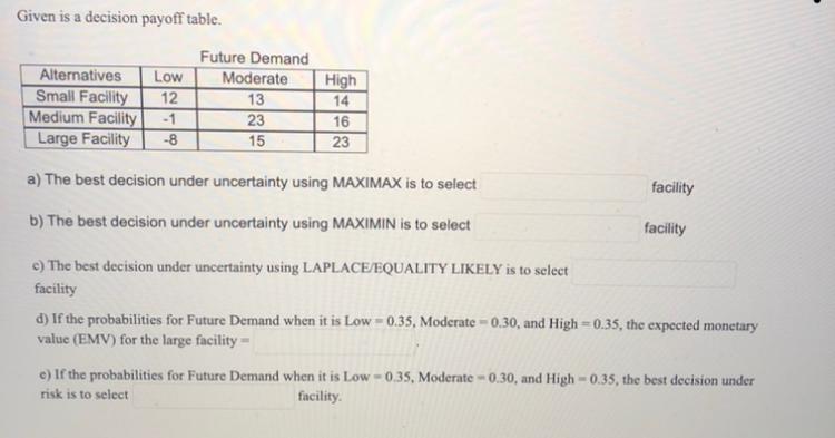 Given is a decision payoff table. Alternatives