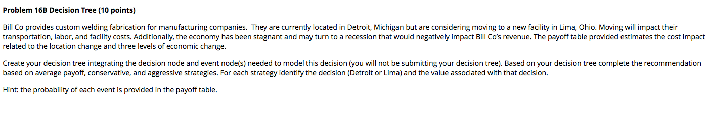 Problem 16B Decision Tree (10 points) Bill Co