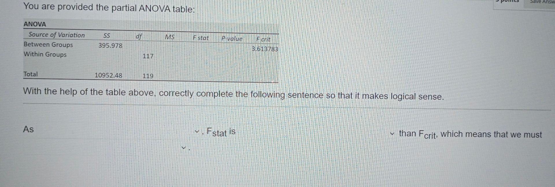 Save Answ You are provided the partial ANOVA