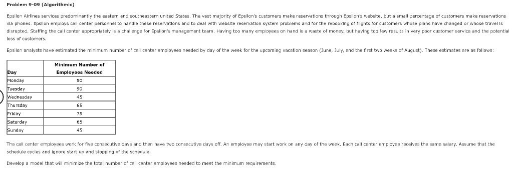 Problem 9-09 (Algorithmic) Epsilon Airlines