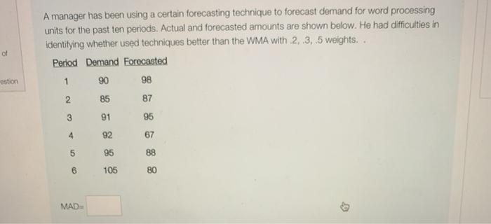 A manager has been using a certain forecasting
