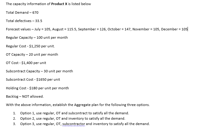 The capacity information of Product X is listed