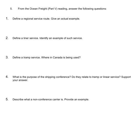 questions 5. From the Ocean Freight (Part V)