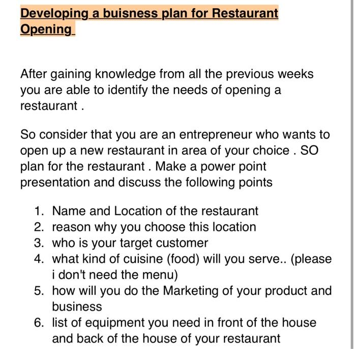 Developing a buisness plan for Restaurant Opening