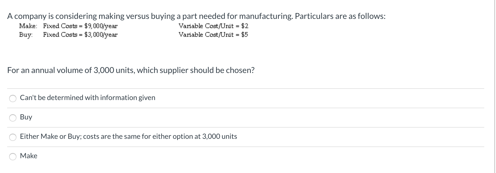 A company is considering making versus buying a