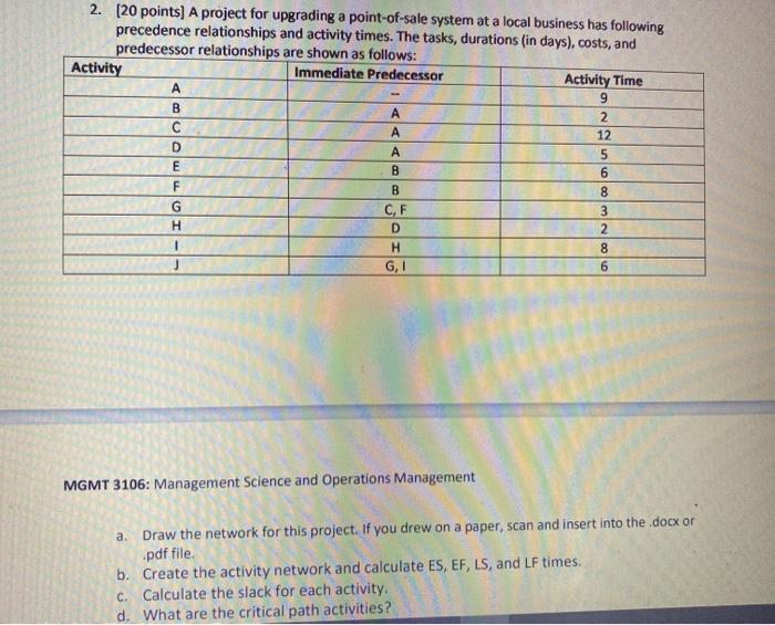 2. (20 points) A project for upgrading a