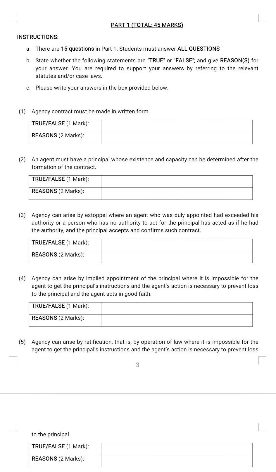Commercial Law L PART 1 (TOTAL: 45 MARKS)