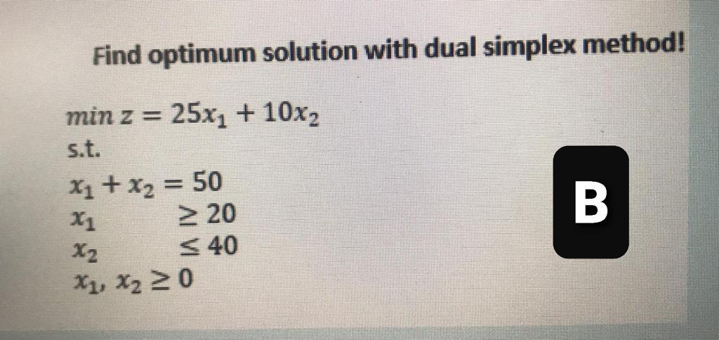 Find optimum solution with dual simplex method!