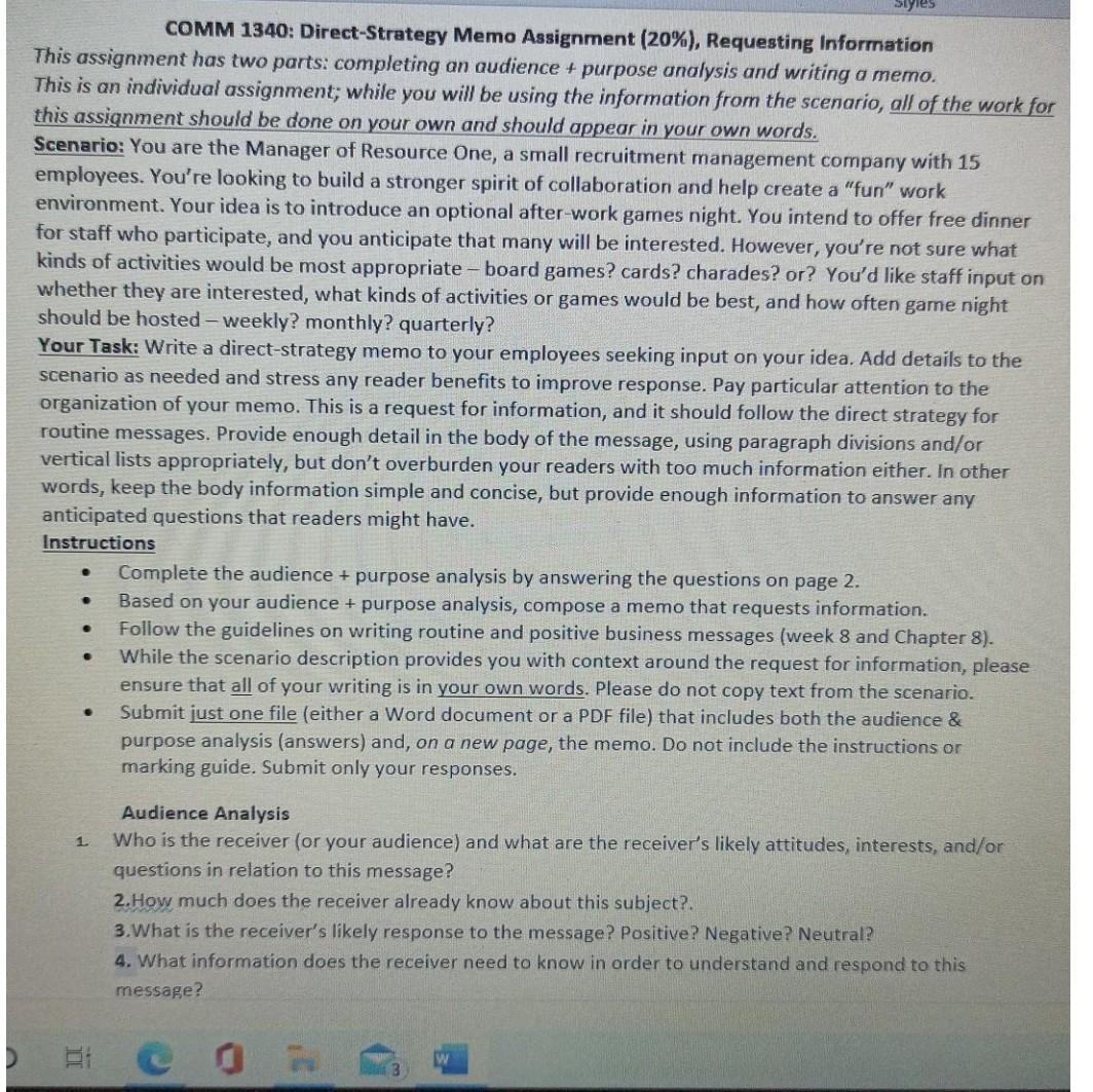 COMM 1340: Direct-Strategy Memo Assignment (20%),