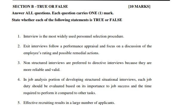 true or false [10 MARKS] SECTION B -TRUE OR FALSE