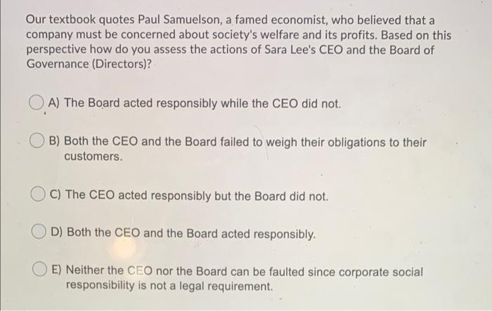 read sara lee case first Our textbook quotes Paul