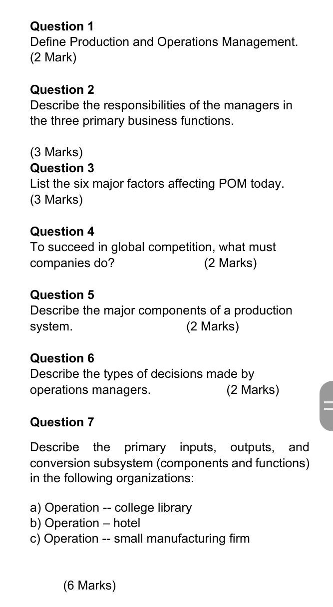 Question 1 Define Production and Operations