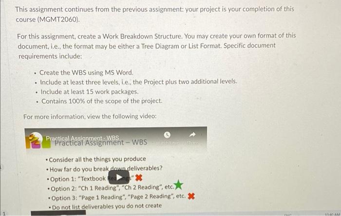 Work breakdown structure to be in Word document.