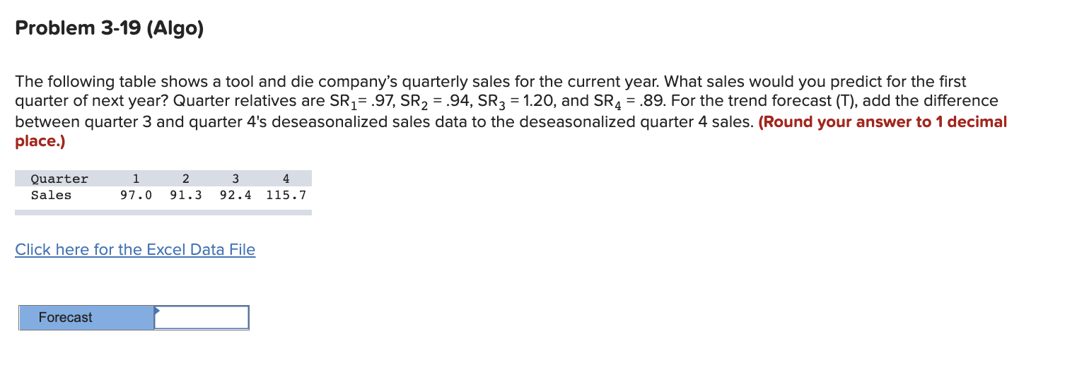 Problem 3-19 (Algo) The following table shows a
