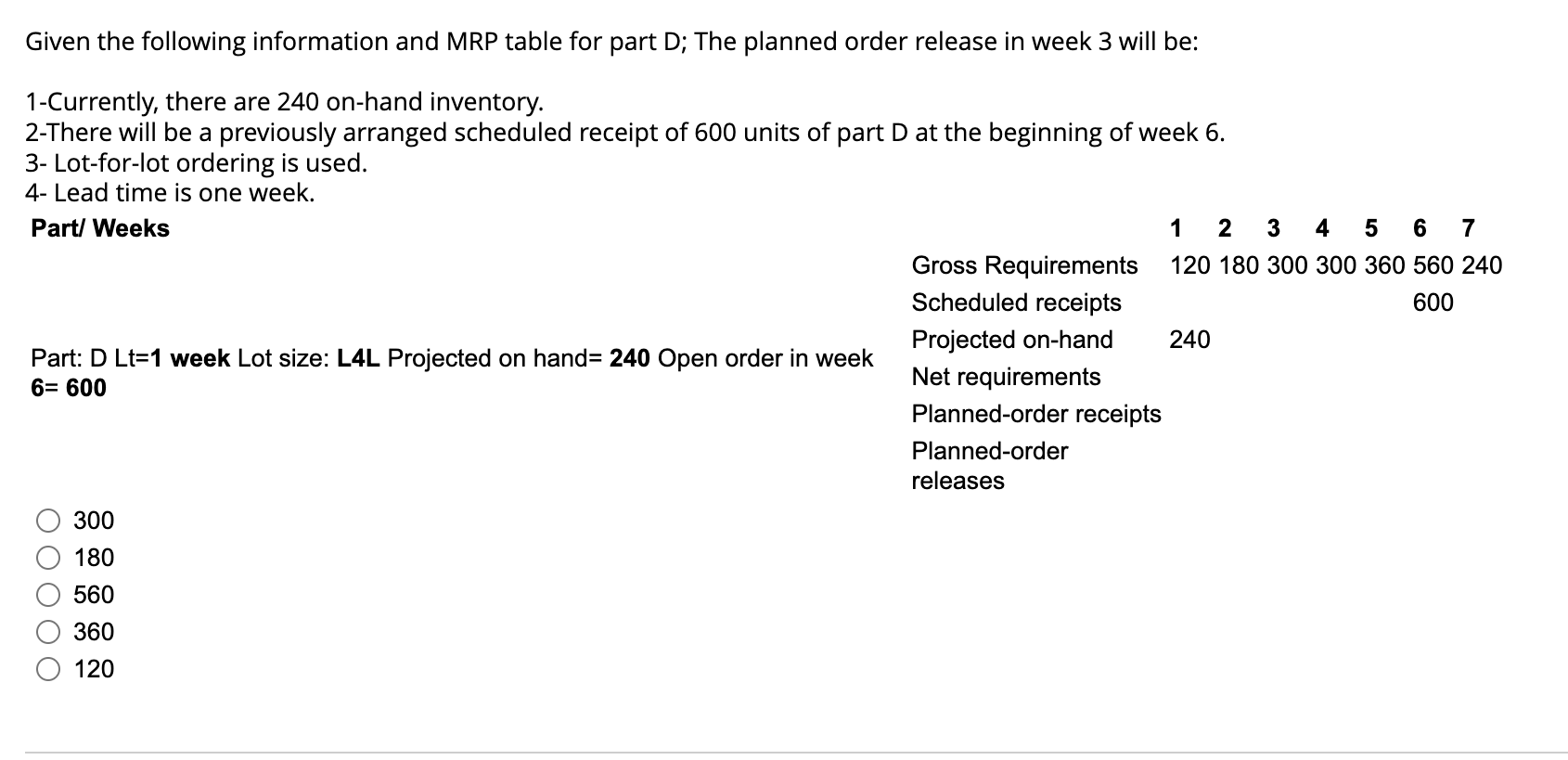 Given the following information and MRP table for