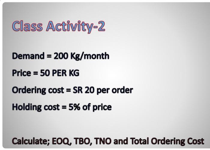 Expling Q Class Activity-2 Demand = 200 Kg/month