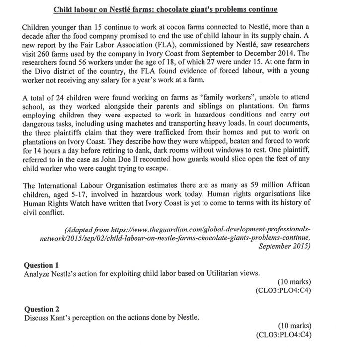 Child labour on Nestl farms: chocolate giant's