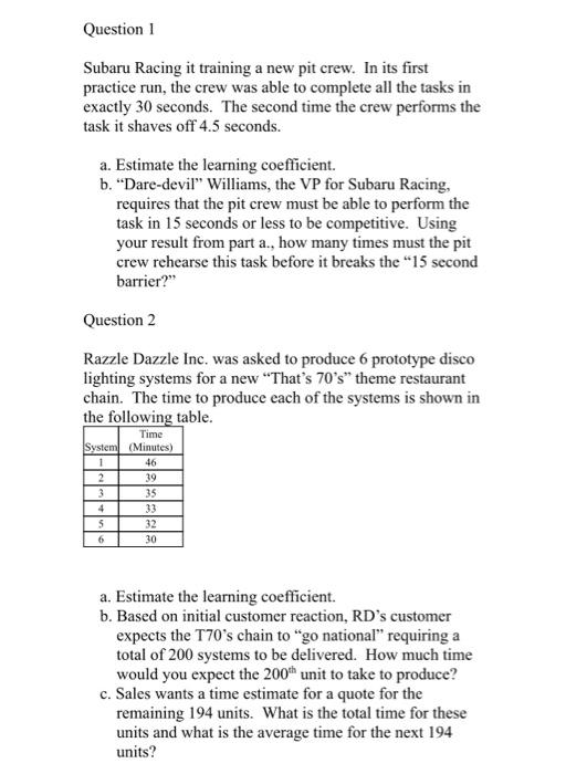 Question 1 Subaru Racing it training a new pit