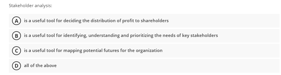 Stakeholder analysis: A) is a useful tool for