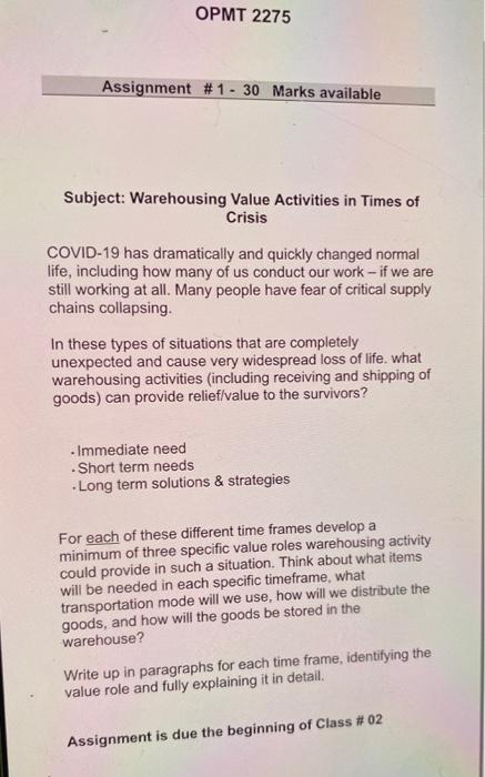 OPMT 2275 Assignment #1 - 30 Marks available