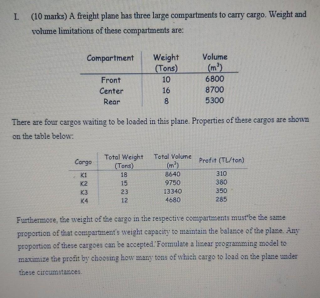 solve by excel I (10 marks) A freight plane has