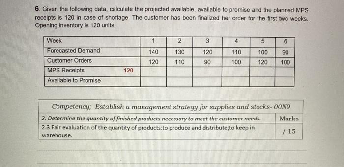 6. Given the following data, calculate the