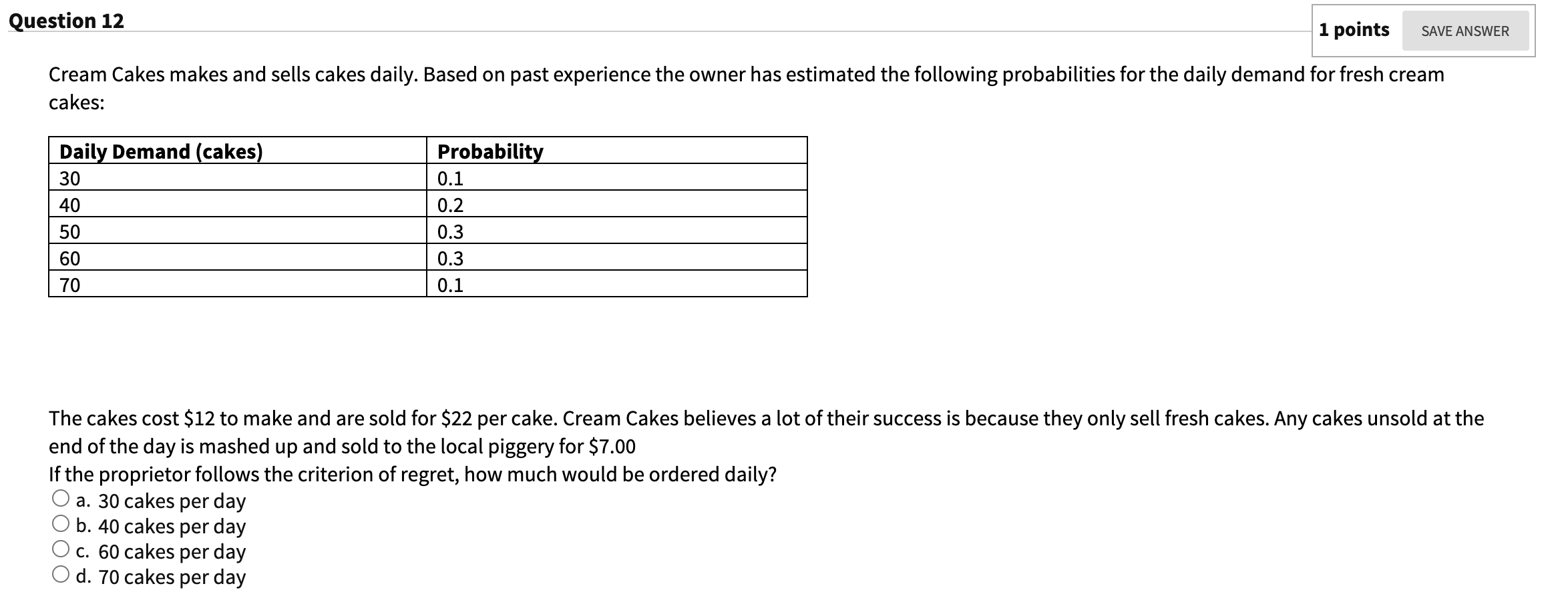 Question 12 1 points SAVE ANSWER Cream Cakes