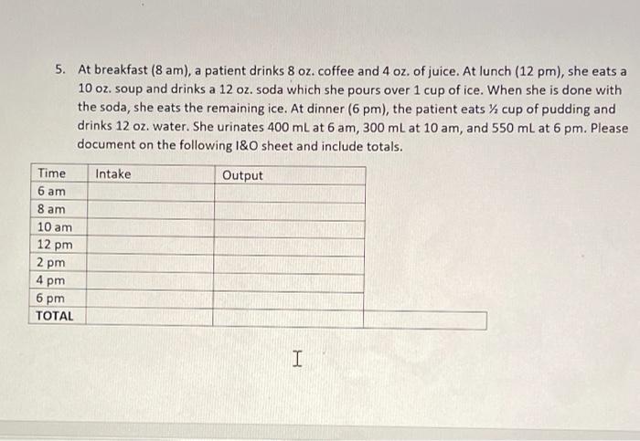 5. At breakfast (8 am), a patient drinks 8 oz.