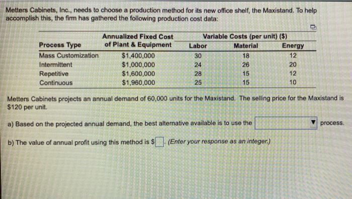 Metters Cabinets, Inc., needs to choose a