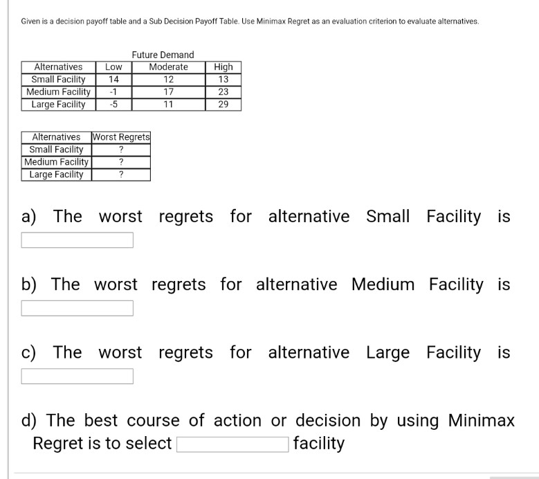 Given is a decision payoff table and a Sub