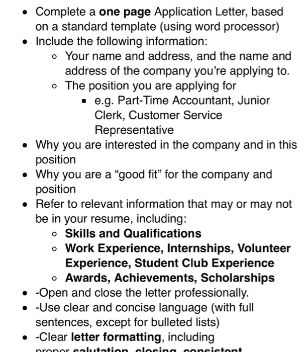 Complete a one page Application Letter, based on