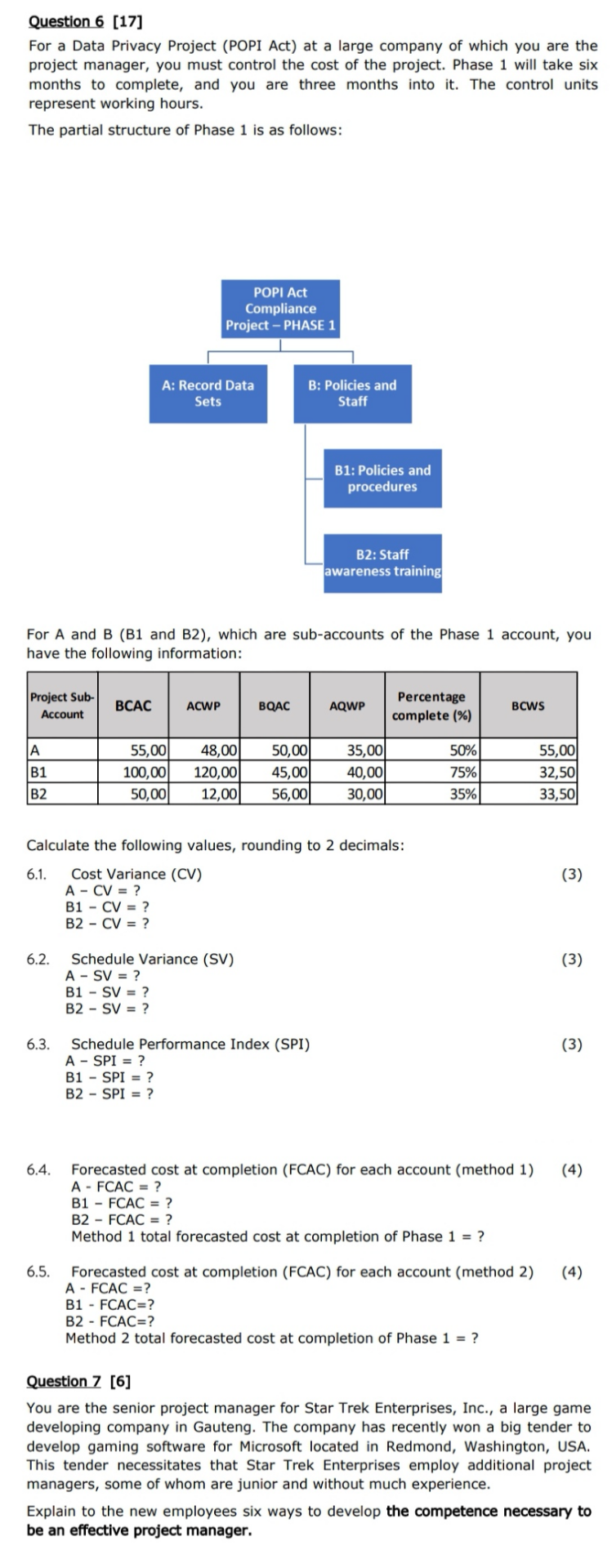 Question 6 [17] For a Data Privacy Project (POPI
