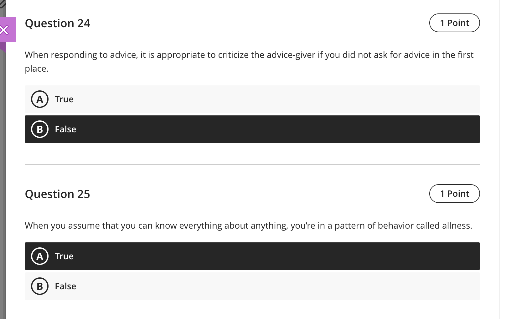 Question 24 1 Point When responding to advice, it