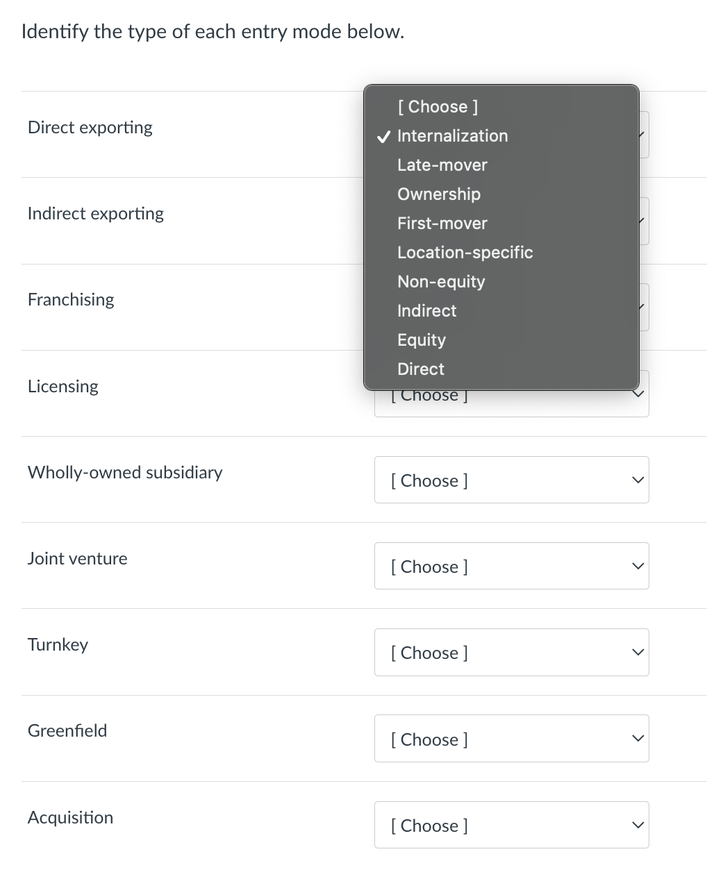 Identify the type of each entry mode below.